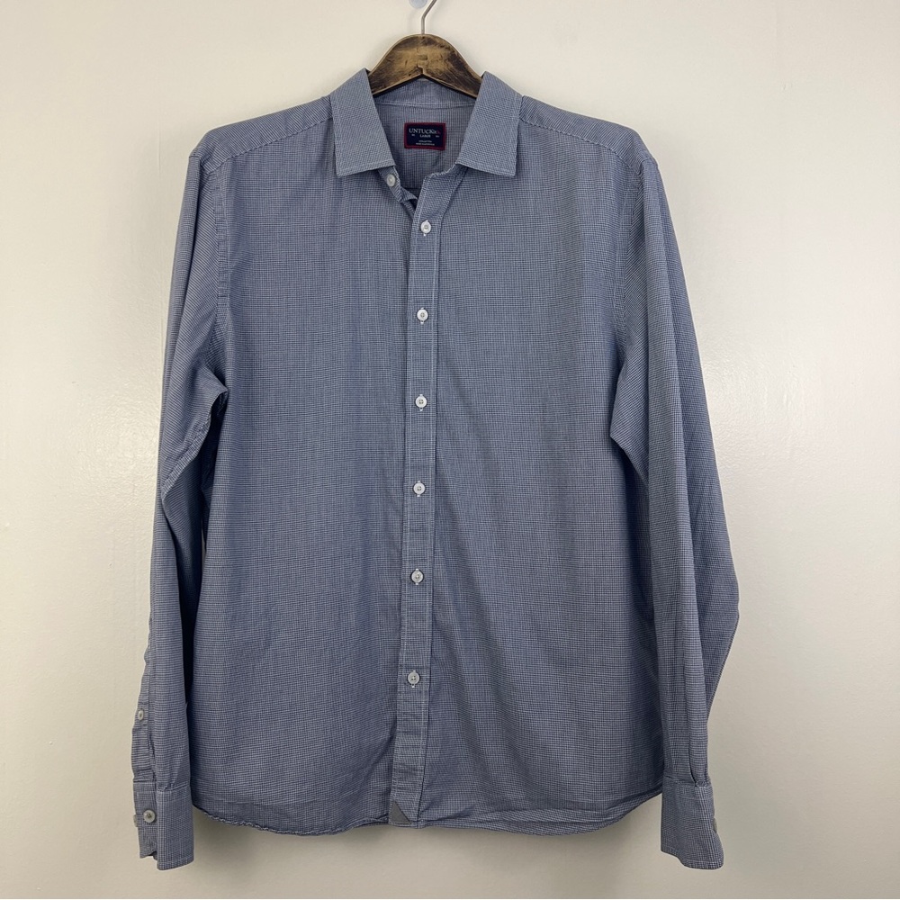 UNTUCKIt Blue White Checkered Button Down Shirt Size Large 100% Cotton